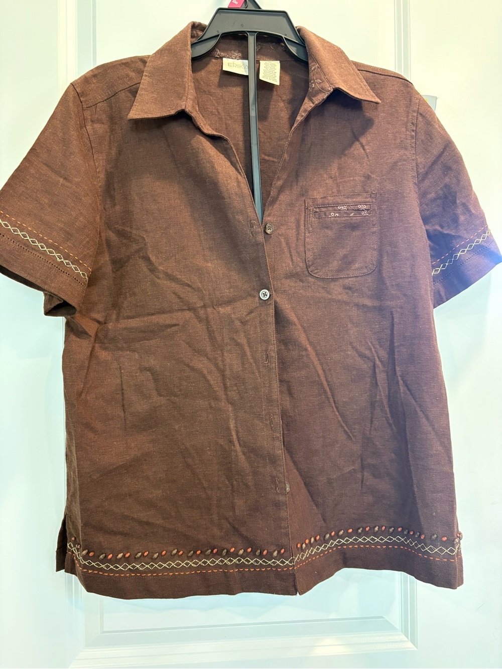 Erika Brown Short-Sleeve Button-Down Shirt with Embroidered Trim